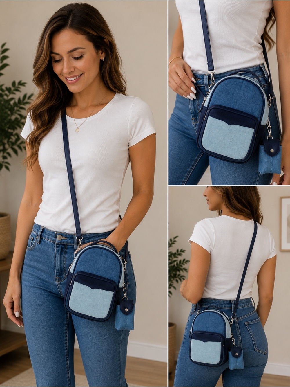 Mini Backpack Crossbody Bag Blue Color Block Denim Look Adjustable Strap Pouch